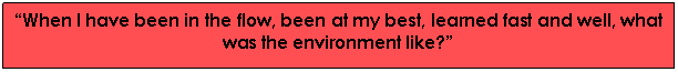 Text Box: When I have been in the flow, been at my best, learned fast and well, what was the environment like?

